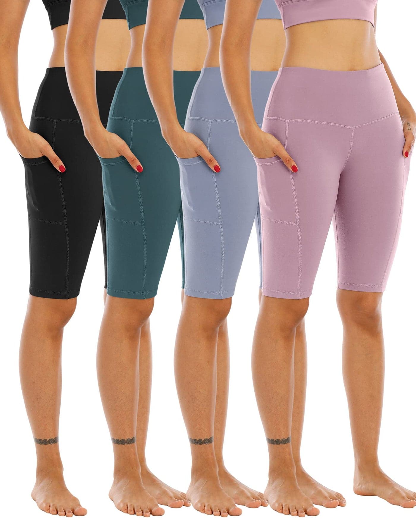 WHOUARE 4 Pack Biker Yoga Shorts with Pockets for Women,High Waisted Athletic Running Workout Gym Shorts Tummy Control, Black,Red Bean Paste,Gray Blue,Bean Green,L