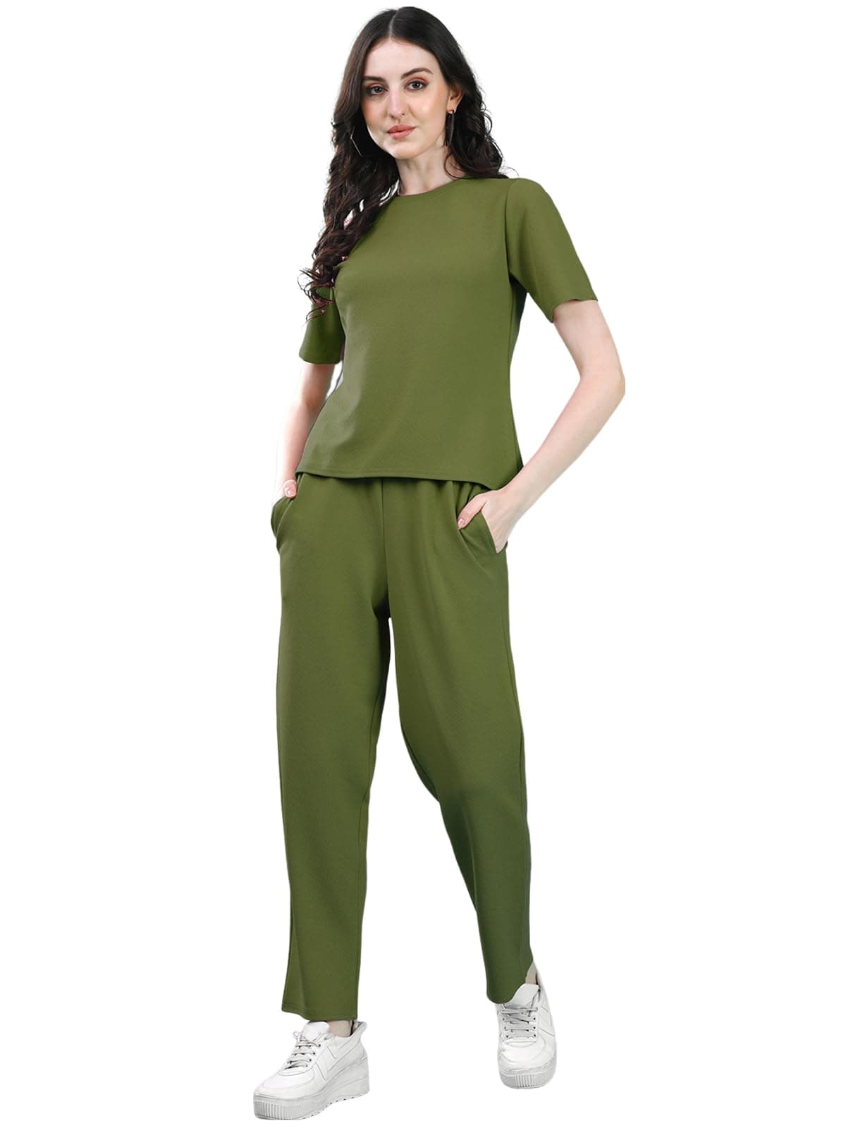 Selvia Women's Co-ords Set|Lycra Top and Trouser Set|Casual Co-ords Set for Women|Two Piece Co-ord Set|Top & Pant Set(707CTK11661N-L_Green)