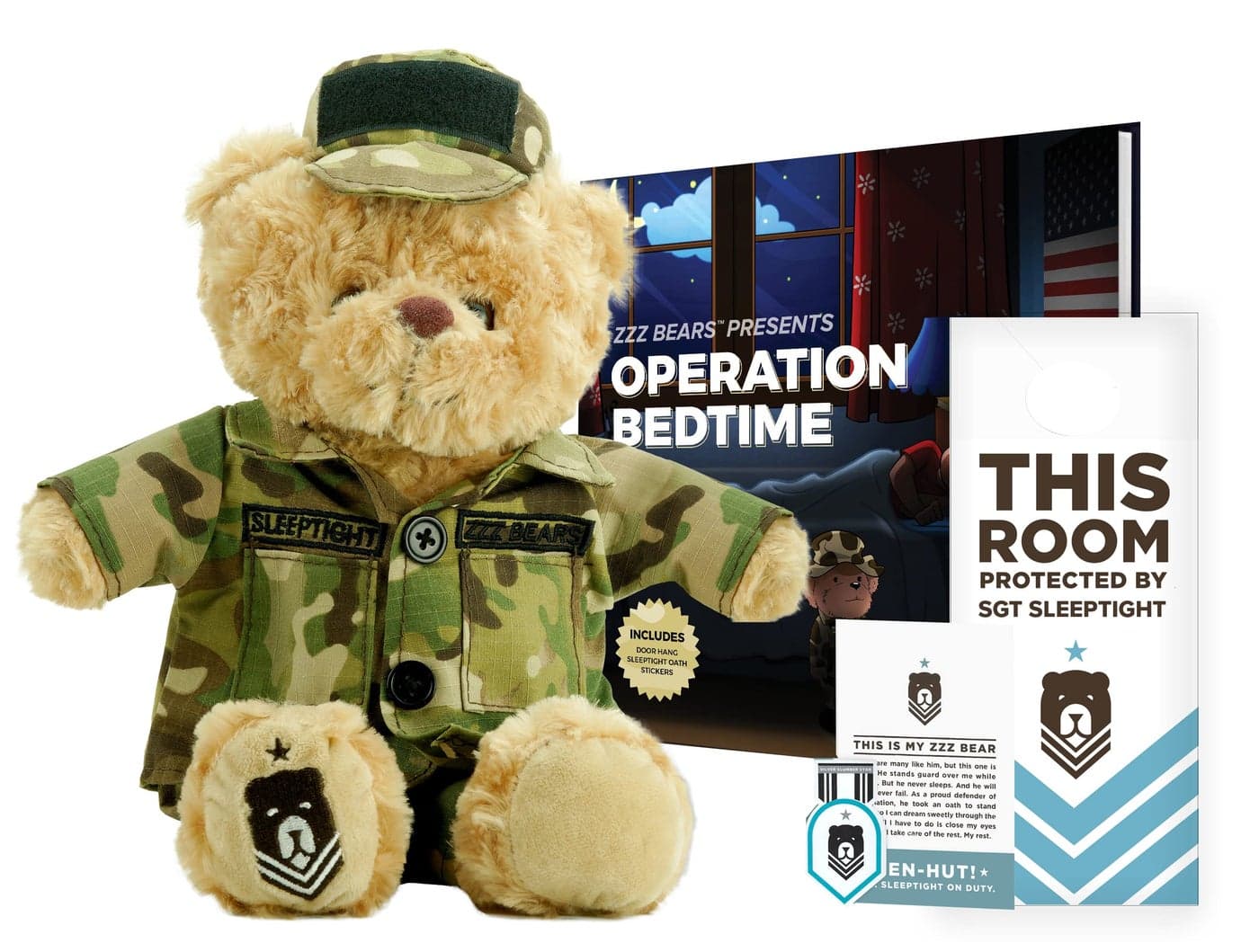 ZZZ Bears SGT Sleeptight Army Teddy Bear with Storybook & Sleep System, Comforting Gift for Army Kids, Helps with Bedtime Routine, Deployment Separation & Emotional Support