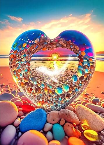 KINPLUB 5D Diamond Painting Kits for Adults, Color Heart Shape Stone Diamond Art Kits for Beginners, DIY Full Round Drill Love Beach Paint with Diamonds Dots Gem Art, Home Wall Decor 12 x 16 Inch