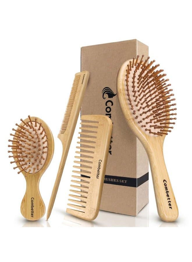 Bamboo Hairbrush and Comb Set - Eco-Friendly Natural Paddle Detangler Brush with Scalp Massage, Reducing Frizz&Promoting Healthy Hair Growth