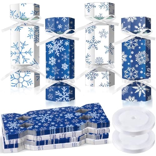 Spakon 60 Pack Crackers No Snap DIY Table Favors Holiday Poppers Kit for Dinner Decoration Gift Blue and White Snowflakes