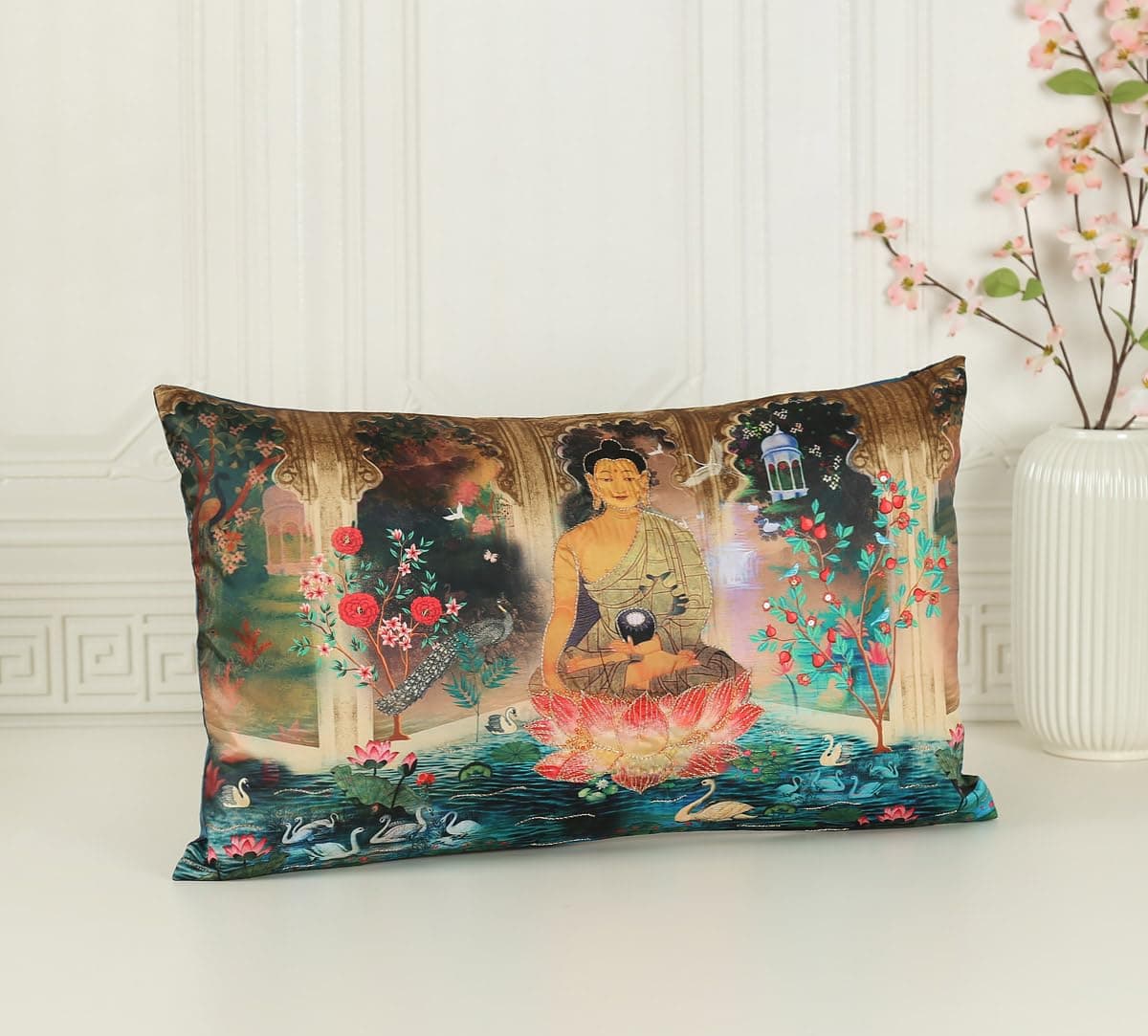 India Circus by Krsnaa Mehta Regal Magnificence 12 x 20 Embroidered Rectangle Printed Decorative Blended Taf Silk Cushion Pillow Cover for Couch Sofa Bed Set of 1