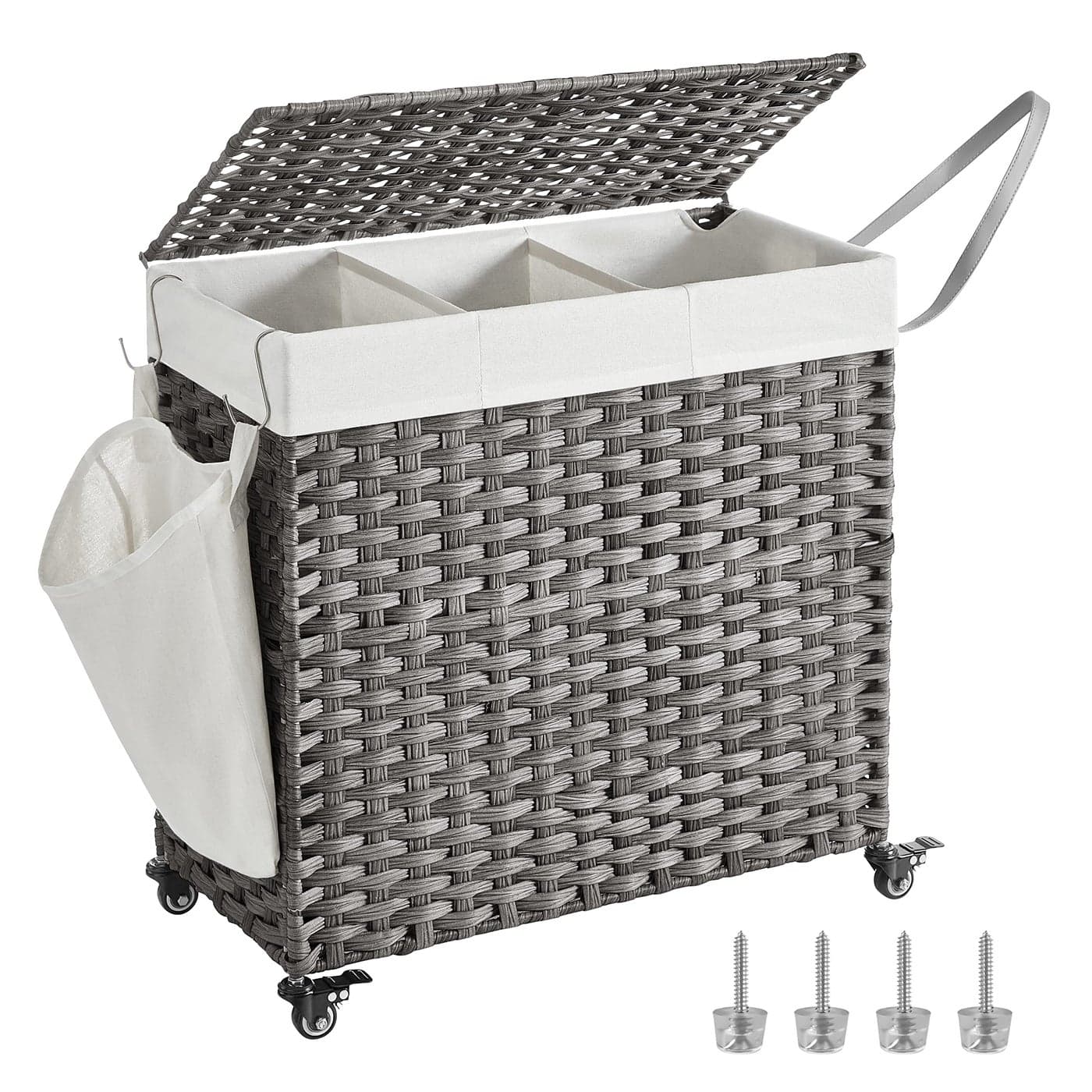 SONGMICS LCB363G01 Laundry Basket with Lid 140L Woven Dirty Laundry Basket with Wheels 3 Compartments Removable Inner Bag for Laundry Room Bedroom 66 x 33 x 66 cm Grey