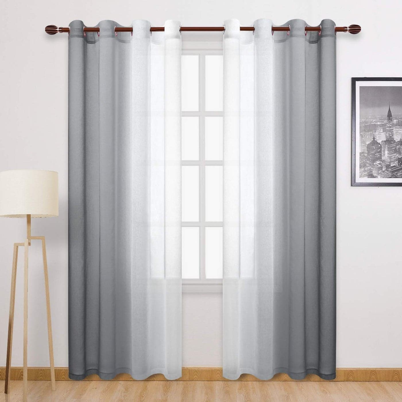 DWCN Grey Faux Linen Ombre Sheer Curtains Semi Voile Gradient Grommet Top Curtains for Bedroom and Living Room Set of 2 Window Curtain Panels 52 x 84 Inches Long