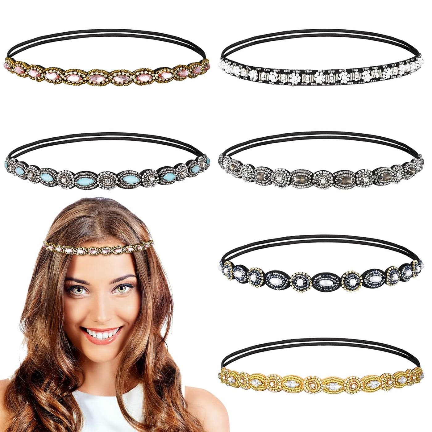 Jutom 6 Pieces Rhinestone Beaded Headbands Elastic Rhinestone Headbands Vintage Crystal Beaded Stretchy Hairbands Jewelry Hair Accessories for Women and Girls