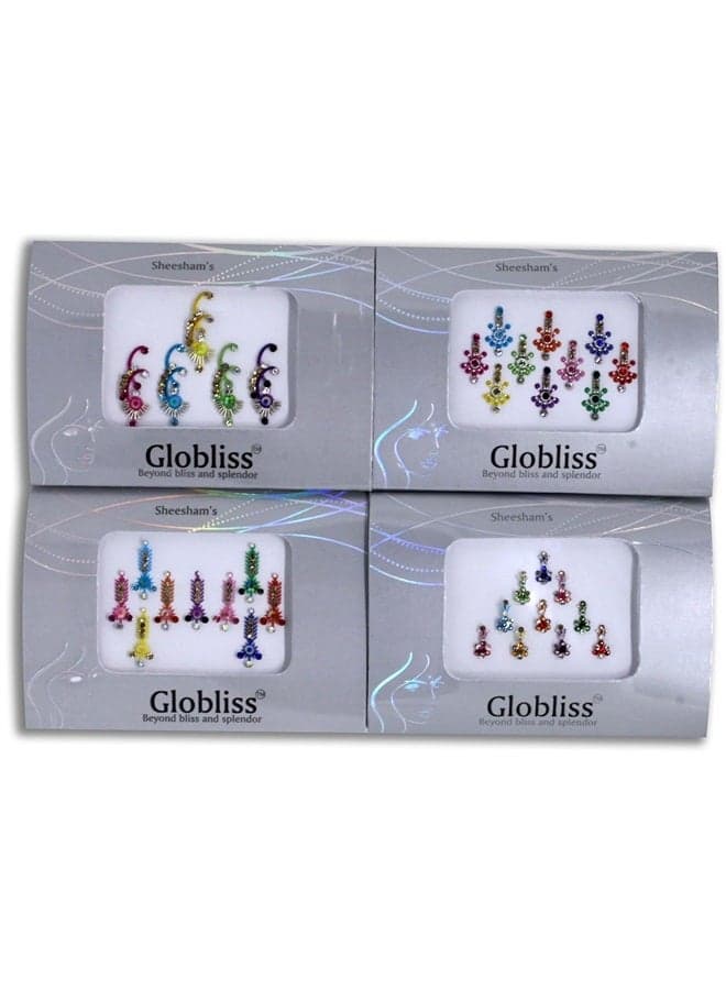 4 Packs Crystal Indian Bindis Multicolored jewels face Gems Forehead Sticker