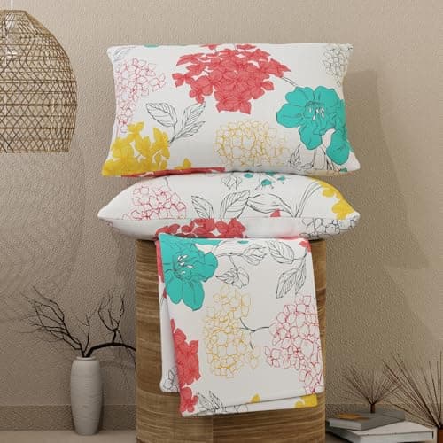 Layers Emaline 100% Cotton Double Bedsheet Set (Oeko Tex Certified) | 1 Double Cotton Bedsheet & 2 Pillow Covers | Breathable & Anti-Wrinkle | 144 TC | (Floral Print, Multicolour)