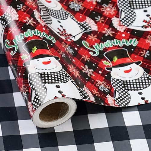 LeZakaa 30 in x 328 Ft Christmas Wrapping Paper Jumbo Roll Snowman White Black Buffalo Plaid Xmas Reversible Design Holiday Party Gift Wrap for Kids Boys Girls