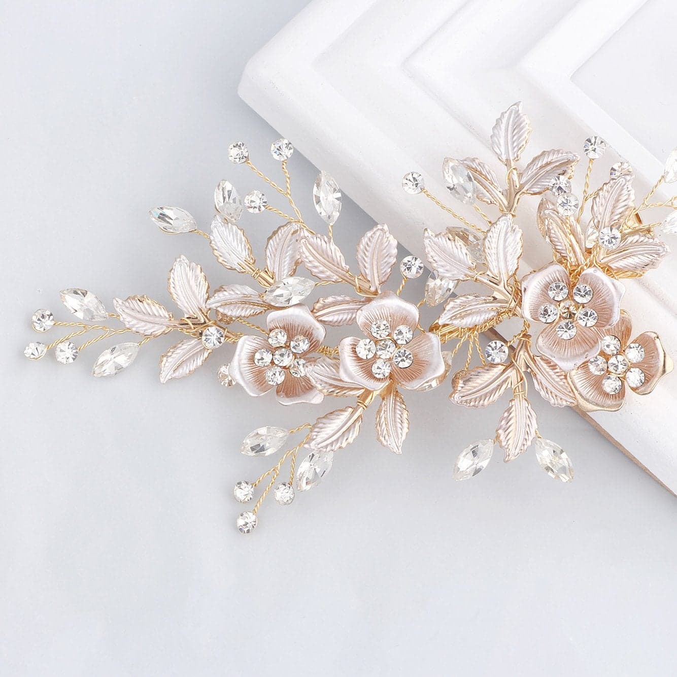 SWEETV Light Rose Gold Wedding Clip Rhinestone Bridal Comb Barrette Handmade Flower Clip Head Pieces for Women