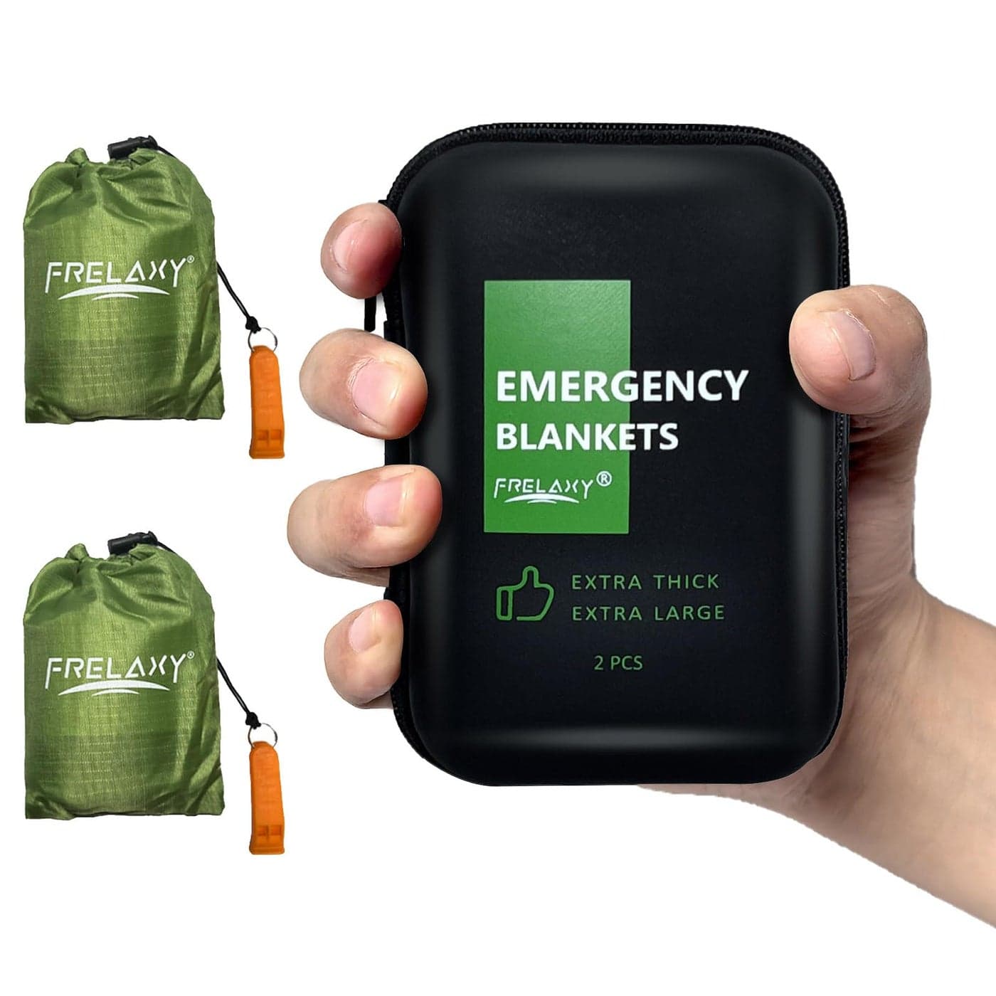 Frelaxy Emergency Blanket 2Pack4Pack ExtraThick ExtraLarge Space Blankets with Whistles Storage Pouchs and EVA case