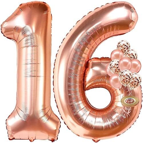 KatchOn Rose Gold Sweet 16 Party Decorations 40 Inch Rose Gold Sweet 16 Balloons Rose Gold 16 Balloon Numbers Confetti Balloons 16th Birthday Decorations for Girls Anniversary Decorations