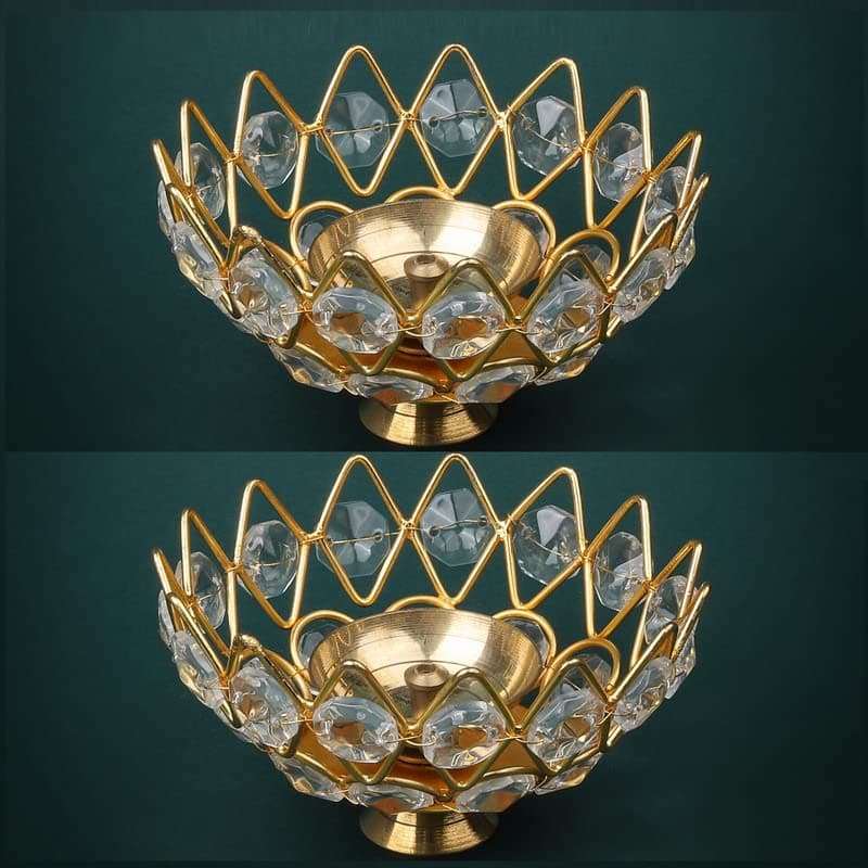 ekysa dekor Glass Beads Candle Holder (Set of 2) for Festival Decoration Like Diwali, Christmas and Home Decoration for Table Centerpiece, Rangoli - 13 cm, Gold Lotus Shape