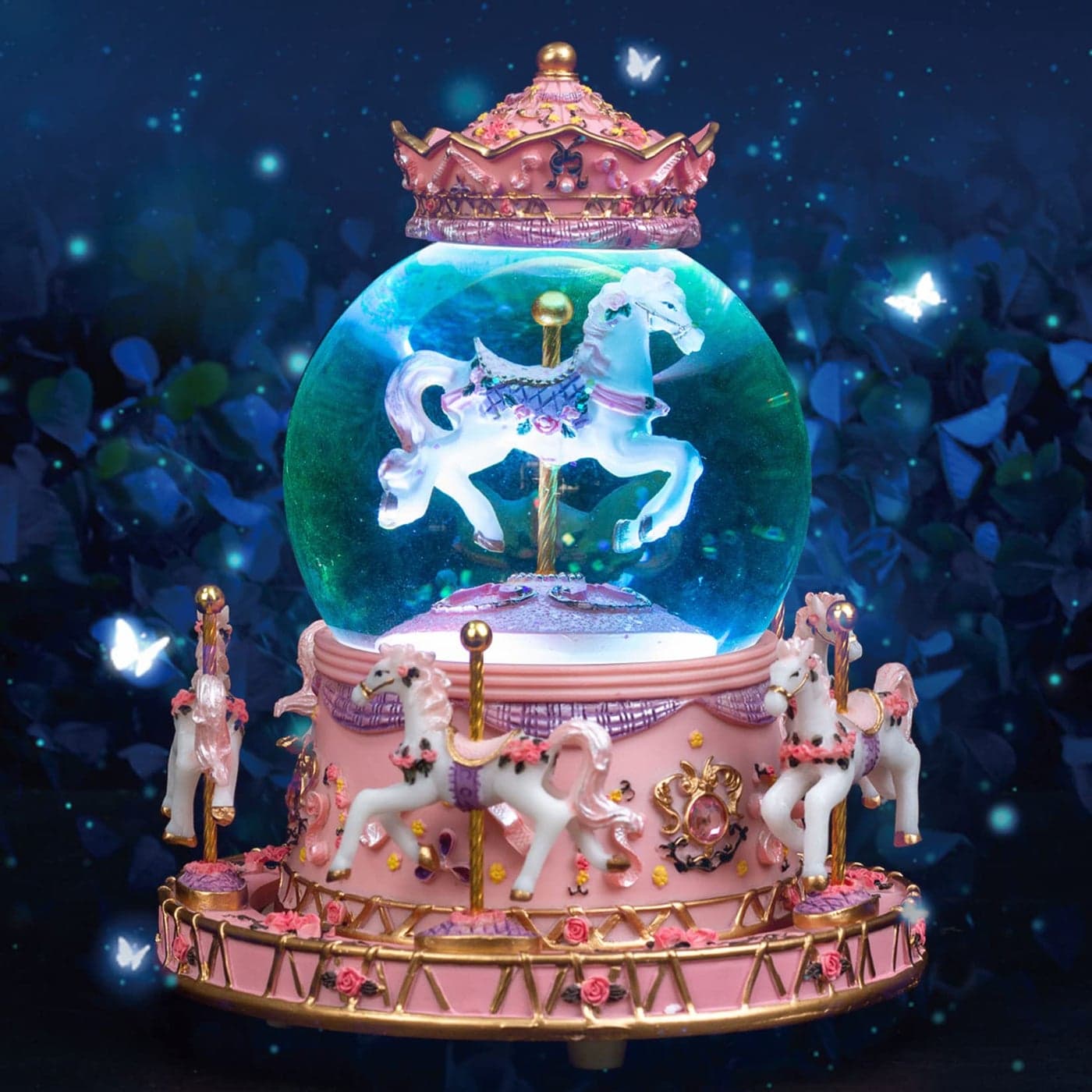 DANVON Gift Wrapped Carousel Horse Unicorn Toy Music Box Snow Globe Color Changing LED Lights for Women Kids Baby Girls Mom Daughter Granddaughter Christmas Birthday Valentines Day Gift Pink