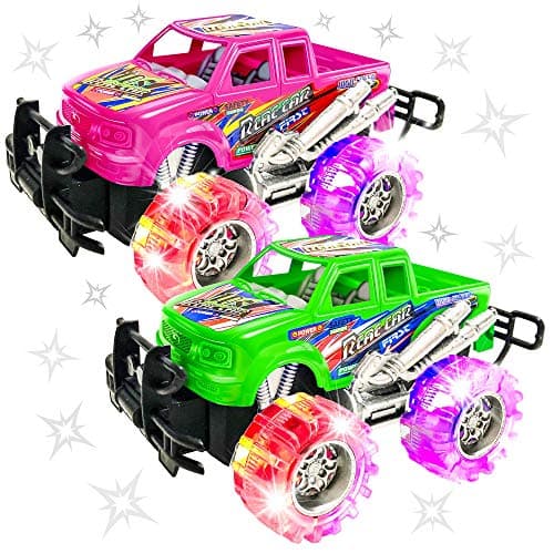 ArtCreativity Pink and Green Light Up Monster Truck Set for Boys and Girls Set Includes 2 6 Inch Monster Trucks with Beautiful Flashing LED Tires Push n Go Toy Cars Best Gift for Kids for Ages 3
