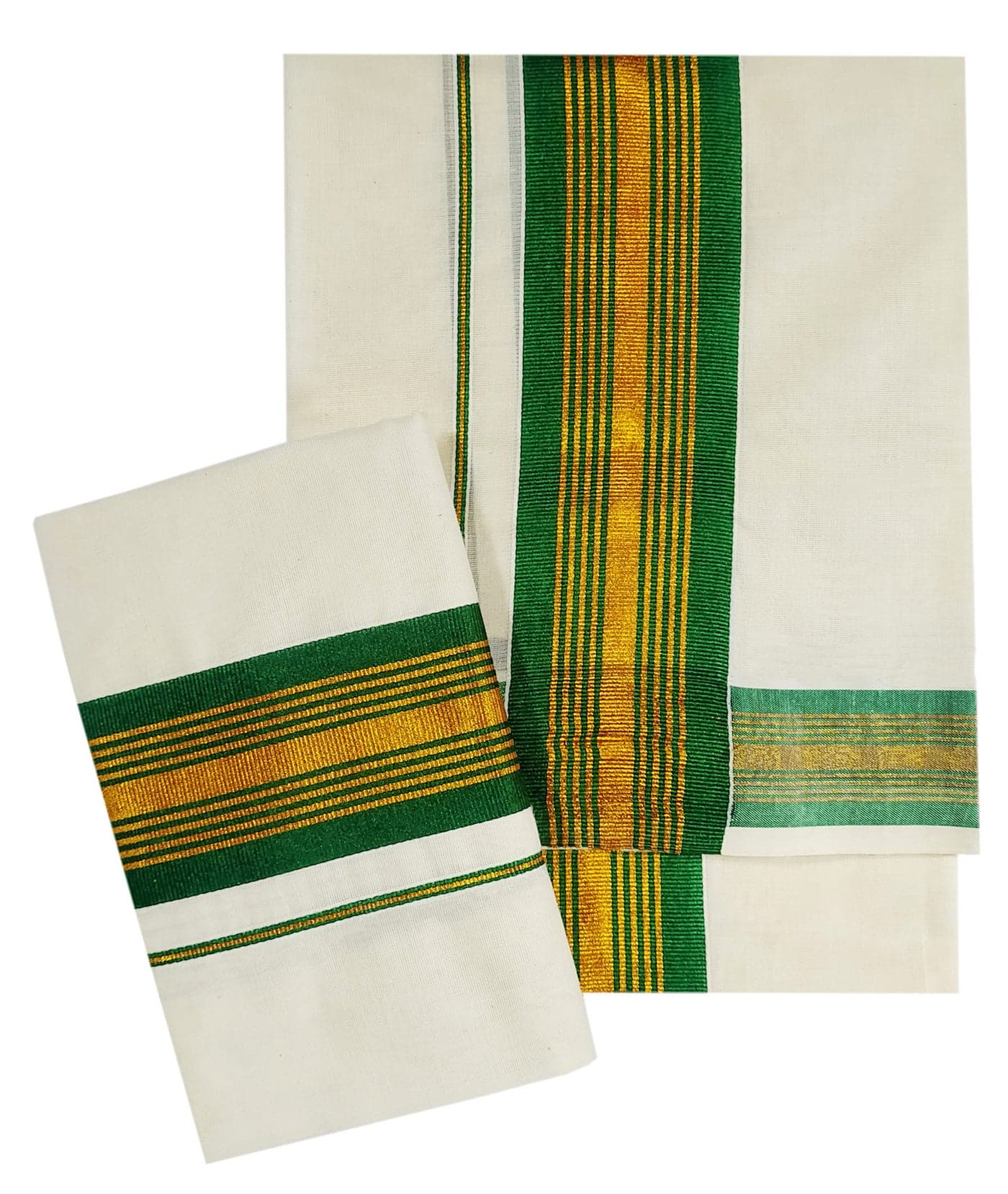 YETTALAN® Women's Kerala Traditional Cotton Set Mundu Cream Color with Fancy Border (GREEN)