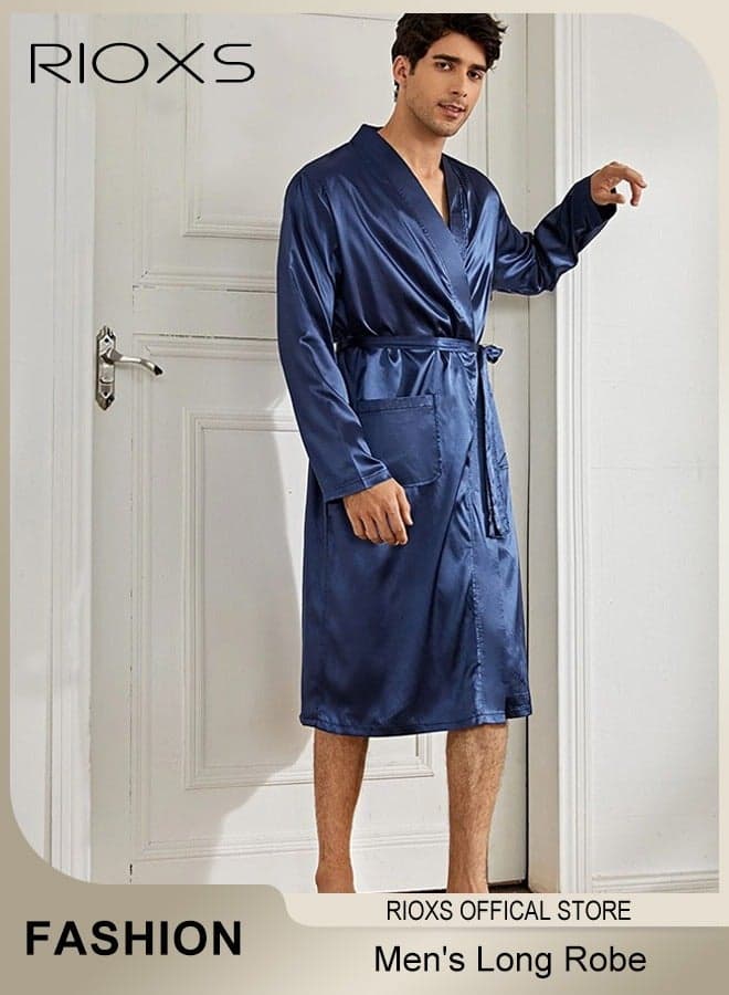 Mens Long Robe,Comfortable Silky Satin Sleepwear,Long Sleeve Belted Robe For Men,Soft Pajamas,Lightweight Loungewear With Pockets,Classic Long Bathrobe For Four Seasons Wear