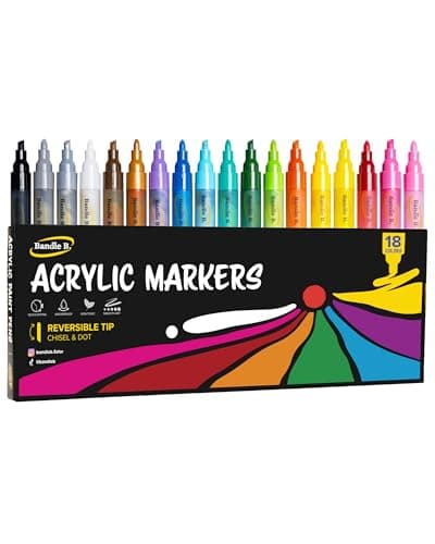 Bandle B Acrylic Paint Markers Set of 18 Paint Pens for Art Fabric Coloring and JournalingQuickDrying Waterproof NonToxic Reversible ChiselDot Tip