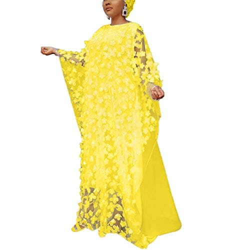 HD African Women Applique Flower Dress Boat Neck Yellow Caftan Chiffon Gown One Size