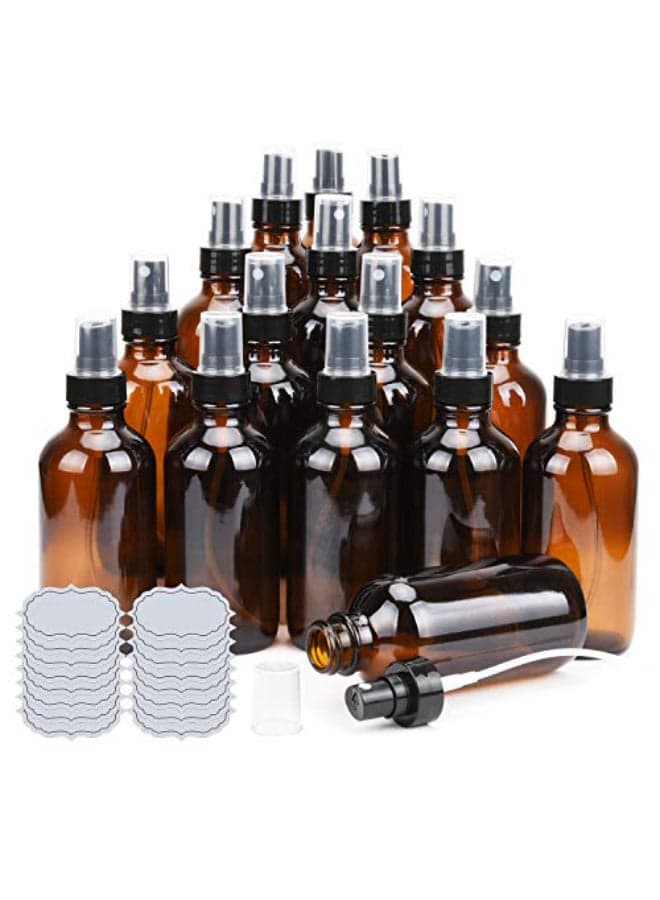 ULG Amber Glass Spray Bottles 4oz Brown Glass Bottle Fine Mist Sprayers Empty Spray Atomizer Including Waterproof DIY Labels 16 Piece