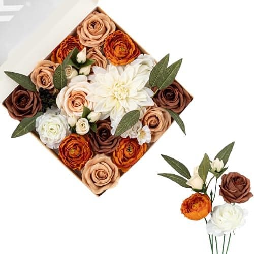 FANKO Artificial Flowers Combo Retro White Brown Fake Flowers for DIY Wedding Bouquets, Center Pieces, Bridal Shower, Baby Shower, Table Decor, Home Seasonality Decorations, Floral Box Set Craft