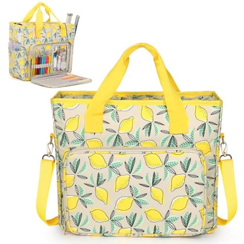 Yarn Storage Organizer Travel Crochet Bag Large Capacity Tote Bag Knitting Bag for Carrying Projects Knitting Needles Crochet Hooks and Yarn Fruit Yellow Lemon