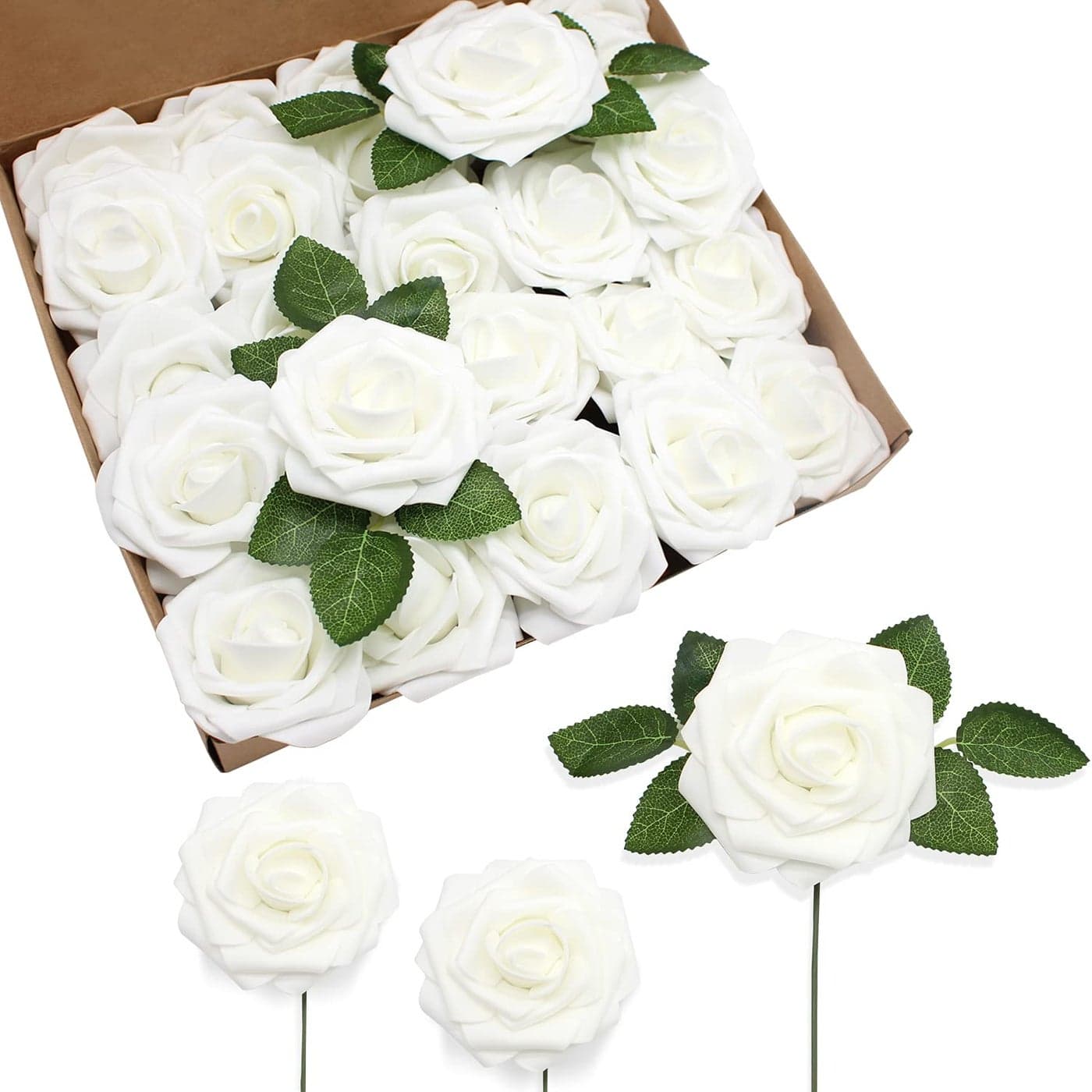 JOYLEX Artificial Flowers Realistic Roses 25pcs Real Looking Fake Roses with Stem for DIY Wedding Bouquets Centerpieces Bridal Shower Party Home Romantic Decorations Regular 3 25pcs White