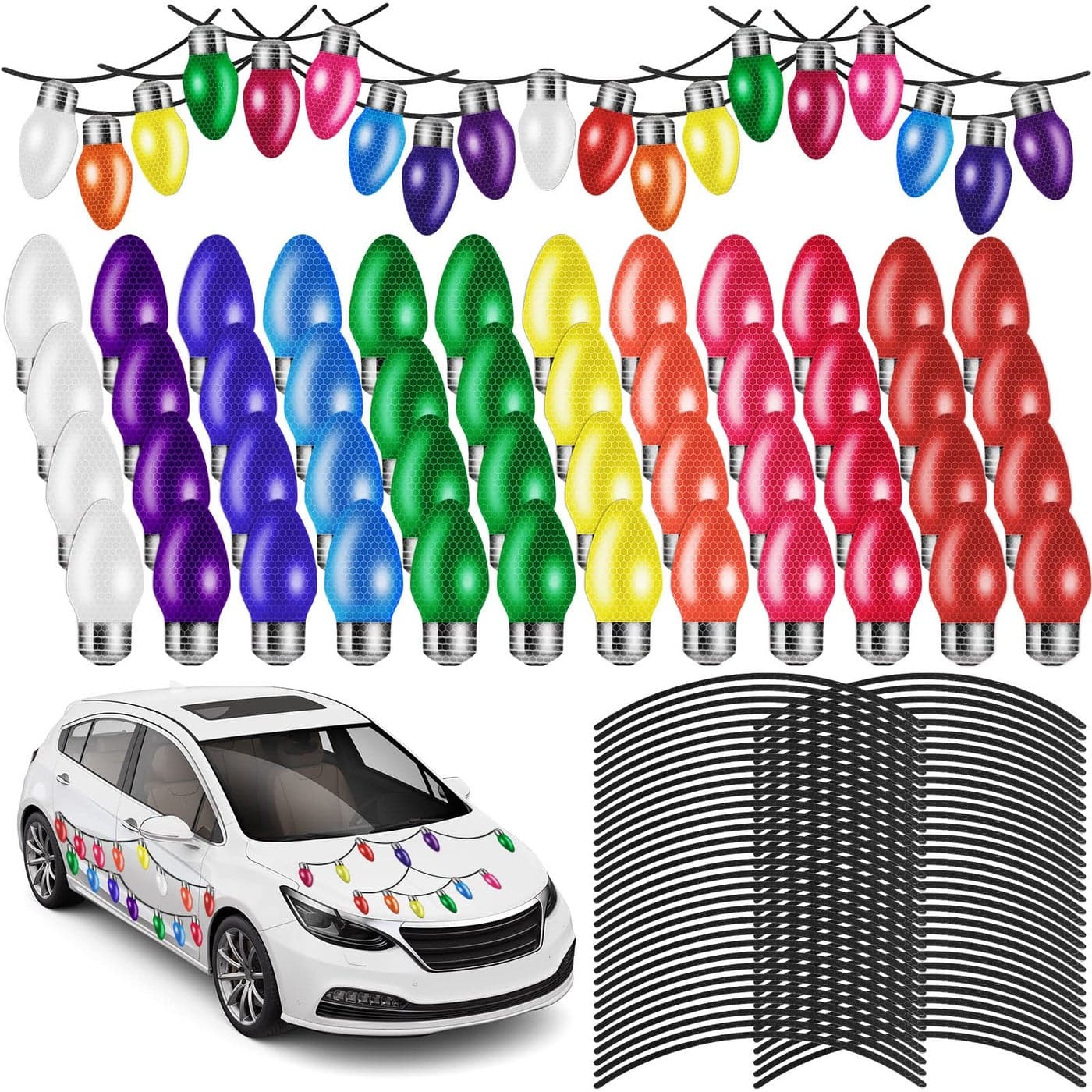 128 Pcs Large Reflective Christmas Car Decorations Include 64 Pcs Reflective Lights Bulb Car Magnet Christmas Magnet Lights Light Shaped Magnets and 64 Pcs Magnet Wires for Christmas Bright Colors