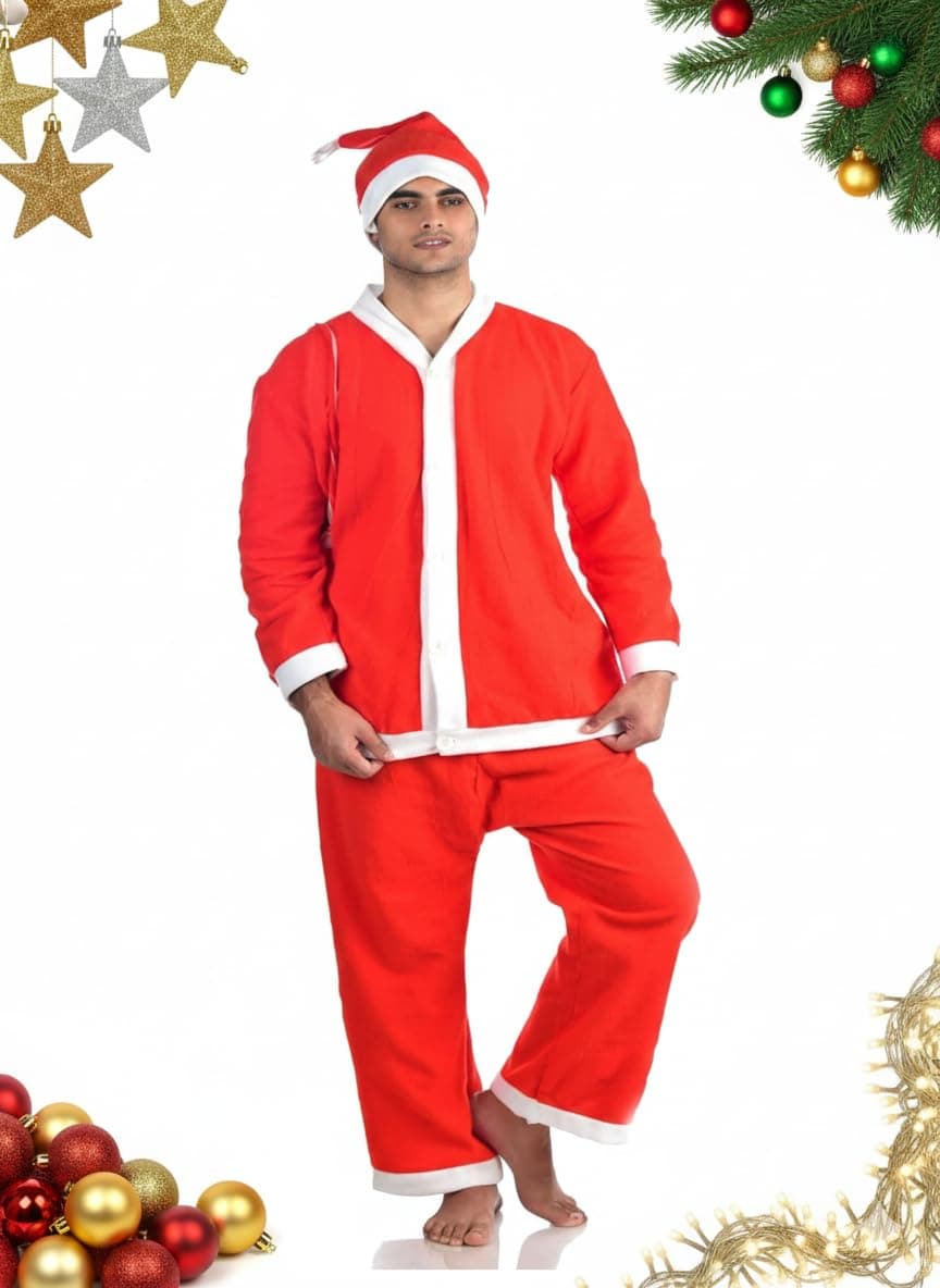 PoPo Toys Santa Claus Costume for Christmas Adults Extra Large | Can Fit Any Individual | Red Santa Suit with Coat, Pant, Hat & Bag | Xmas Party & Fancy Dress Outfit Size 8/XL