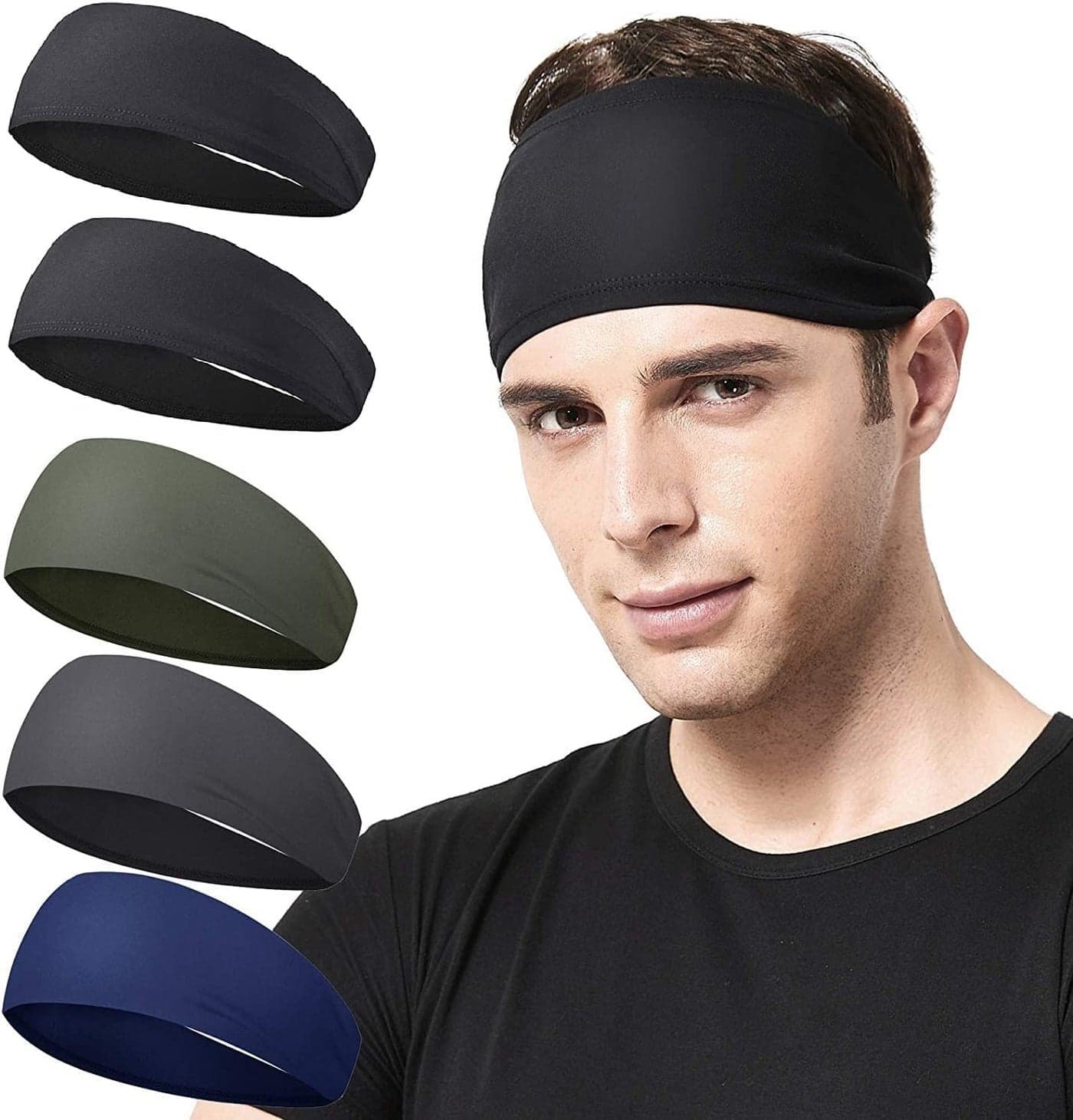 BISMAADH Polyester Sports Headband Athletic Mens Sweatband Head Band For Men, Unisex Stretchy Moisture Wicking Hairband Gym, Running, Basketball, Football (Black, Black, Dark Grey, Green, Blue)