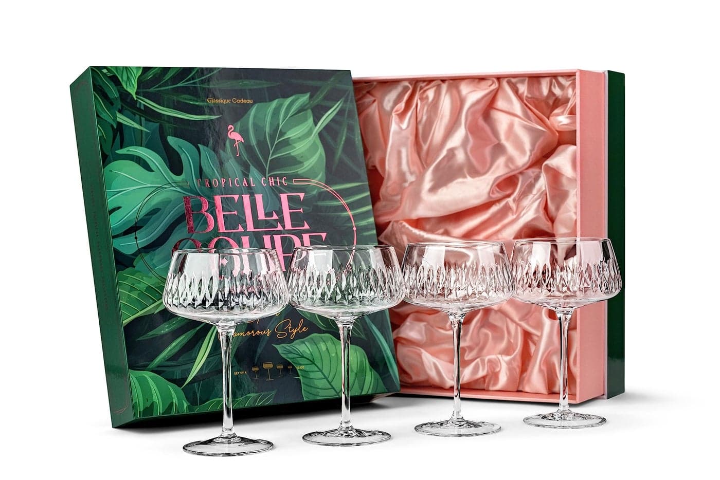 Vintage Flamingo Belle Coupe Glasses for Cocktails and Champagne Set of 4 12 oz Crystal Retro Style Stemmed Saucers for Elegant Bar Drinks Tropical Glassware Collection