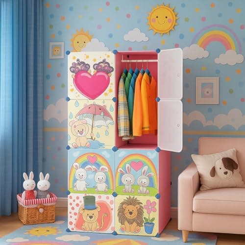 LUHI Plastic Wardrobe for Kids Clothes – Durable, Easy to Use Anti-Skid & Non-Slip Effective Professional Collapsible Wardrobe, Plastic Cupboard for Kids, Foldable Almirah (Pink-HH, 8-Door)