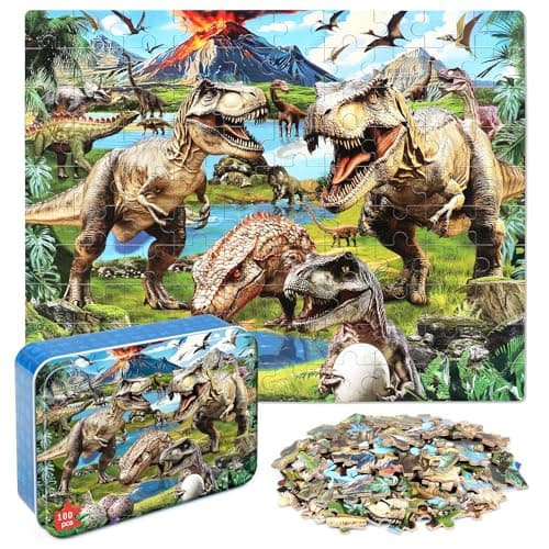 MZZOTOY Dinosaur World Puzzles for Kids Ages 48 100 Pieces Jigsaw Puzzles for Kids Ages 35 Puzzle for Girls and Boys Learning Educational Puzzles Toys in a Metal Box