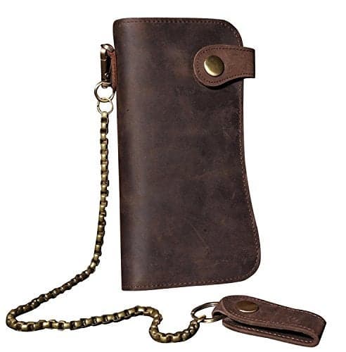 RS Mens Wallet with Chain Leather Long Bifold Trucker Wallet Vintage Biker Money Clip with ZipperBrown wIron Chain