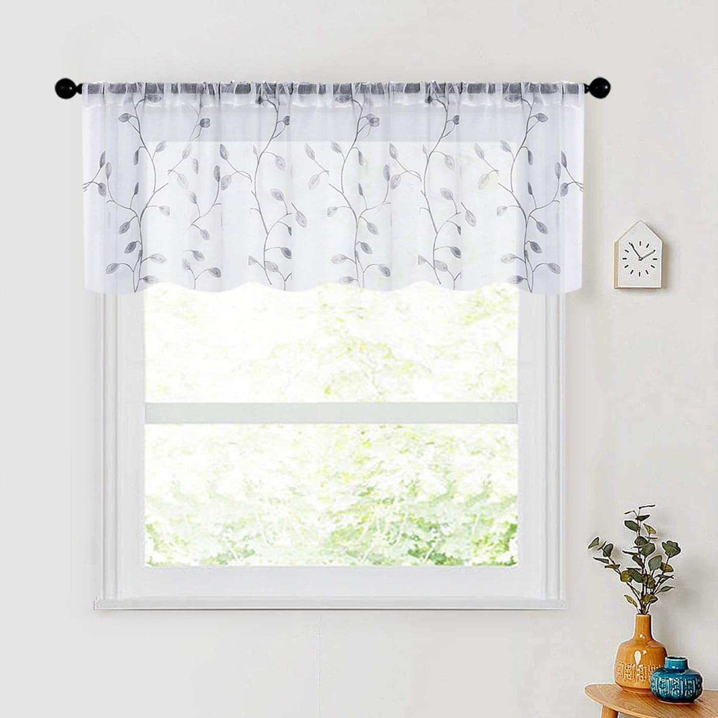 MRTREES Sheer Voile Curtain Valances Leaves Embroidered Valance Curtains Rod Pocket Small Sheer Window Curtains Treatment for BedroomLiving RoomKitchenBasement1 Panel 54x16 Inches Grey Leaves
