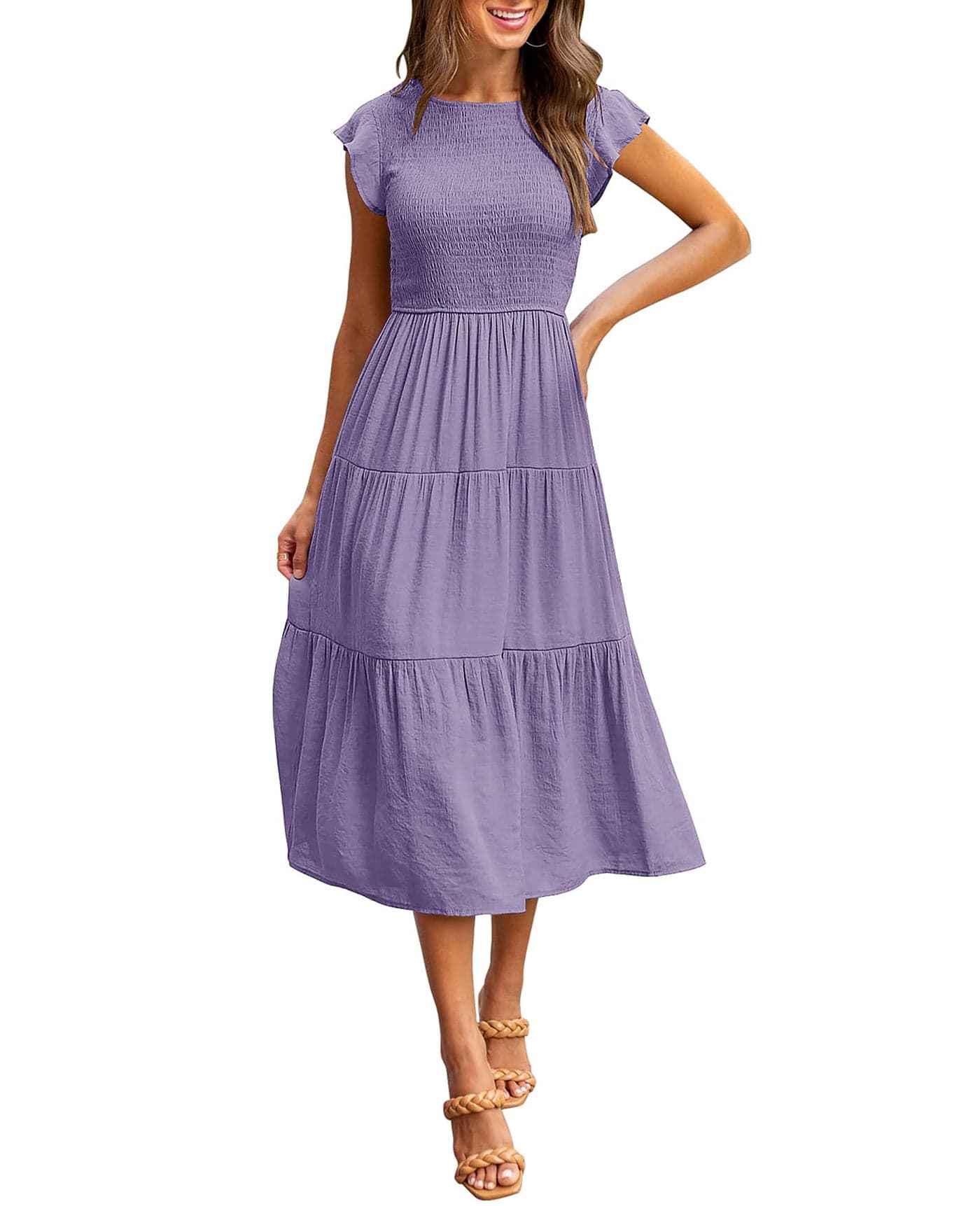 MEROKEETY Womens Summer Smocked Midi Dress Flutter Sleeve Elastic Waist Tiered Midi Long DressPurpleM