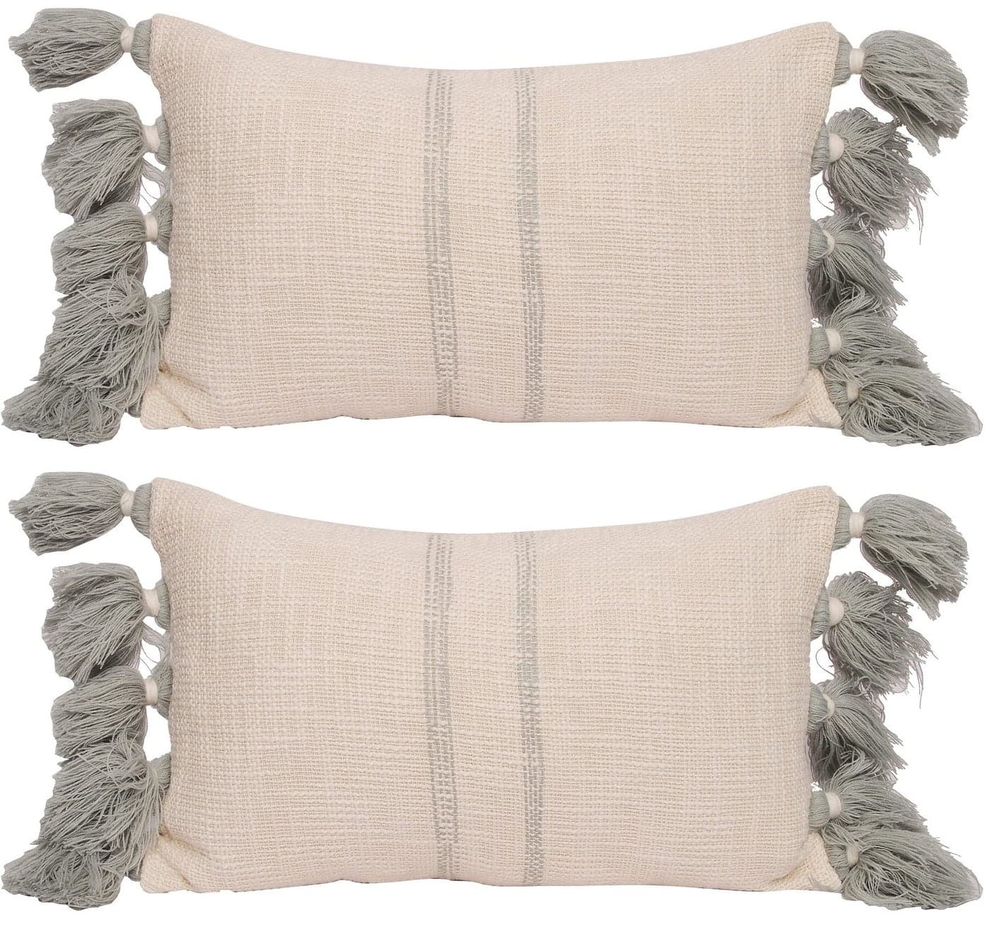 aRDENMEAD 100% Cotton Hand Embroidered Striped Decorative Cushion Cover With Tassels.Embroidered Yellow Cushion Covers Set (Set Of 2) (Grey, 12 X 20 Inches | 30 X 50 Cm), 2 TC