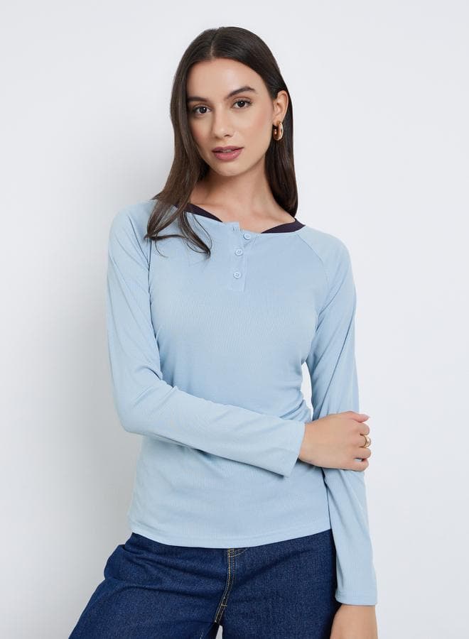 Styli Blue Long Sleeve Henley T-Shirt