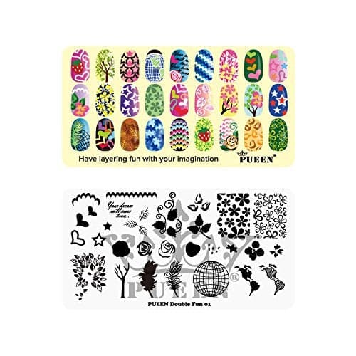 PUEEN Nail Art Stamping Plate Double Fun 01 Layering Collection 125x65mm Unique Nailart Polish Stamping Manicure Image Plates Accessories Kit BH000724