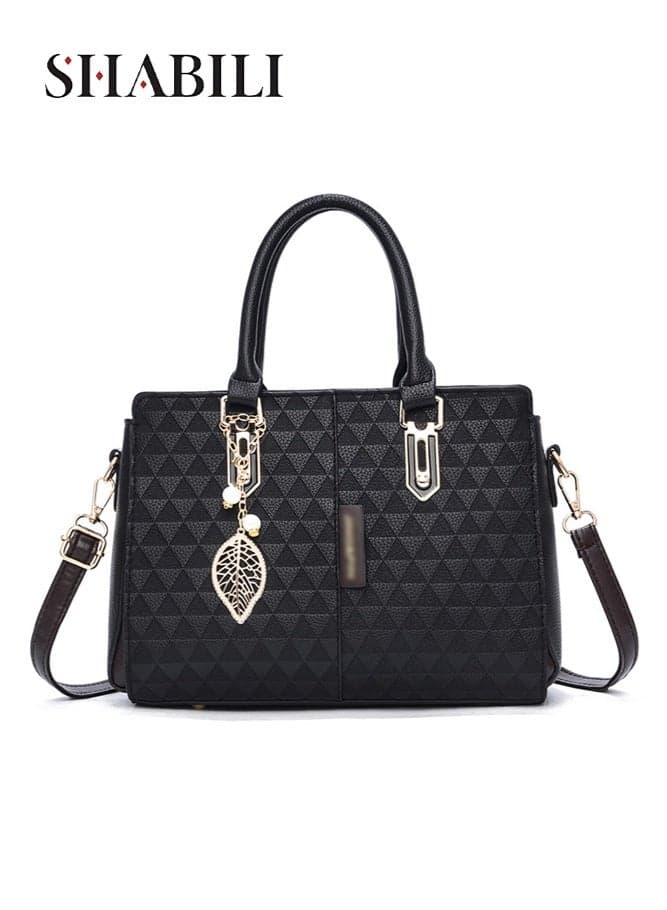 Women Shoulder Bag PU Large-Capacity Multi-Pocket Embossed Satchel, Ladies Handbag Tote Crossbody Fashion Leaf-Charm Purse for Teen Youth Daily Casual Party Travel Work Commuter Shopping (Black)