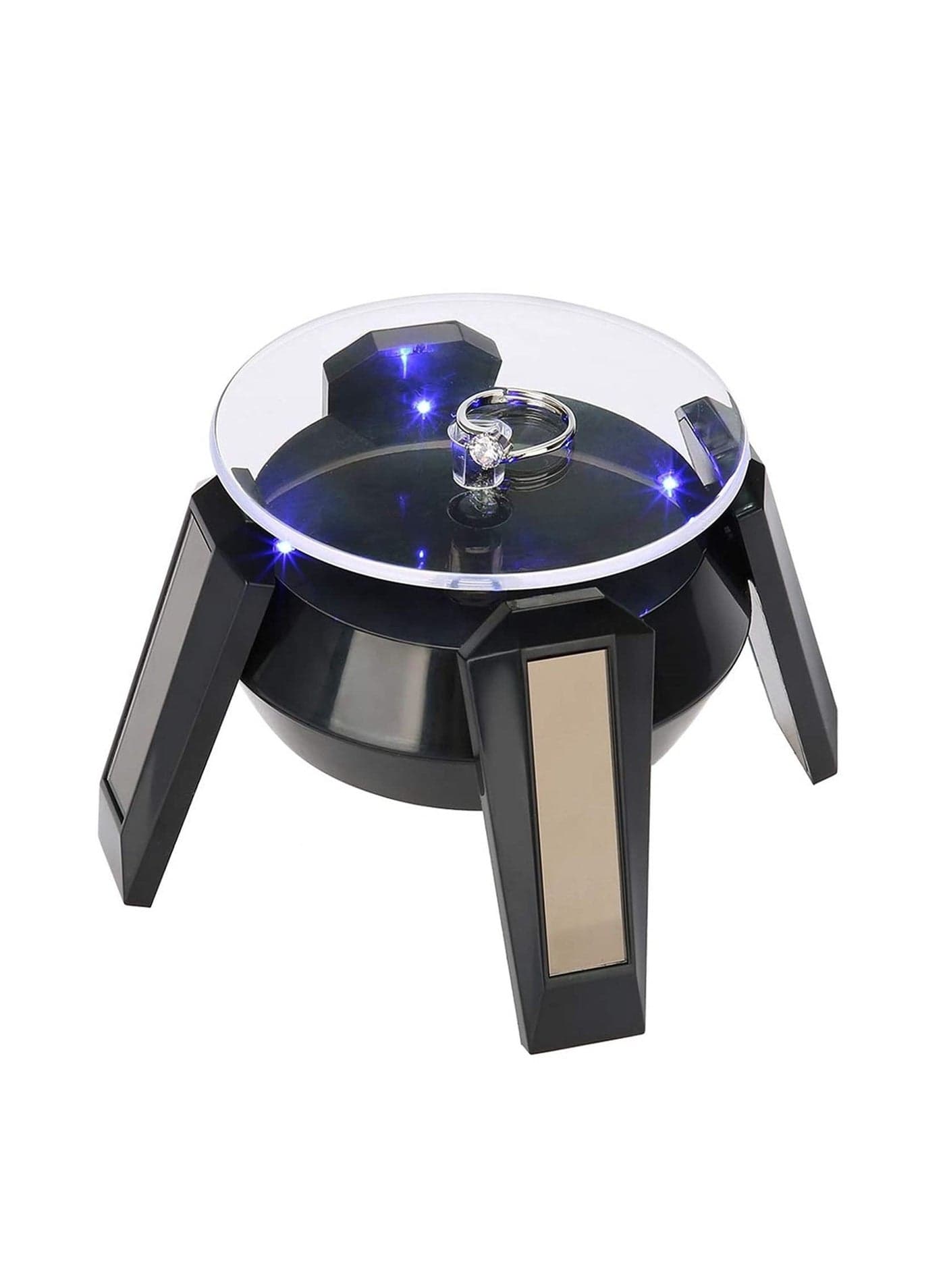Black Solar Powered Jewelry Phone Watch Rotating Display Stand Turn Table with LED Light