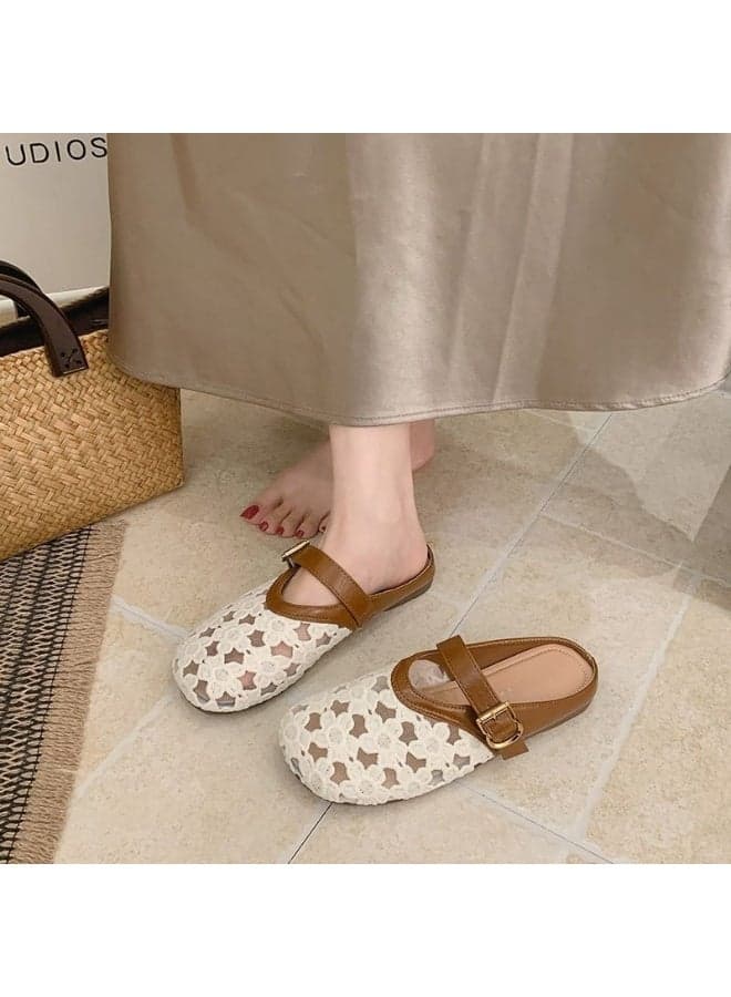 Flat Mules White Embroidered Mesh Upper And Brown Buckle Straps