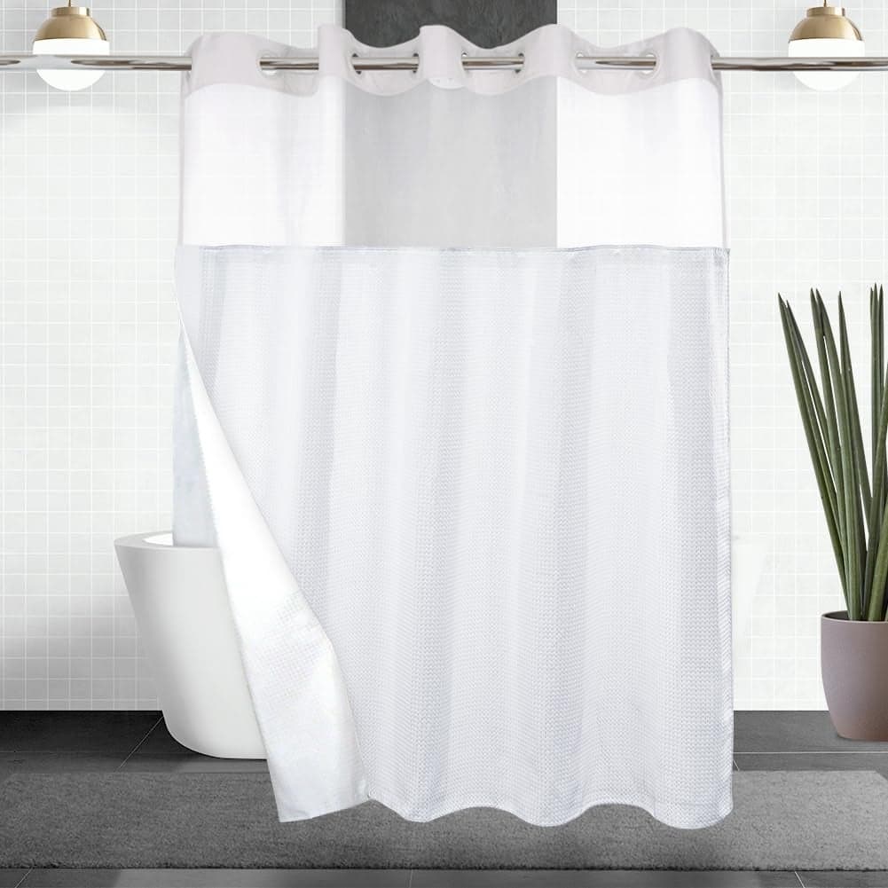 No Hook Shower Curtains Set with Snap in Liner Light Filtering See Through Top HotelStyle Water Repellent Machine Washable 71x74 inch White