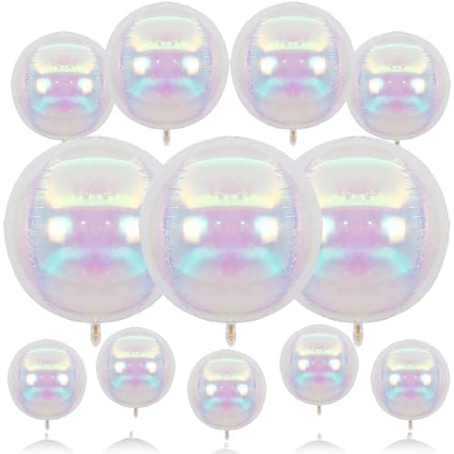 Biapian 12 Pcs Iridescent Foil Balloons 22 15 10 4D Clear Ball Shape Balloons Different Size Holographic Balloons Transparent for Little Mermaid Birthday Wedding Sea Baby Shower Party decorations