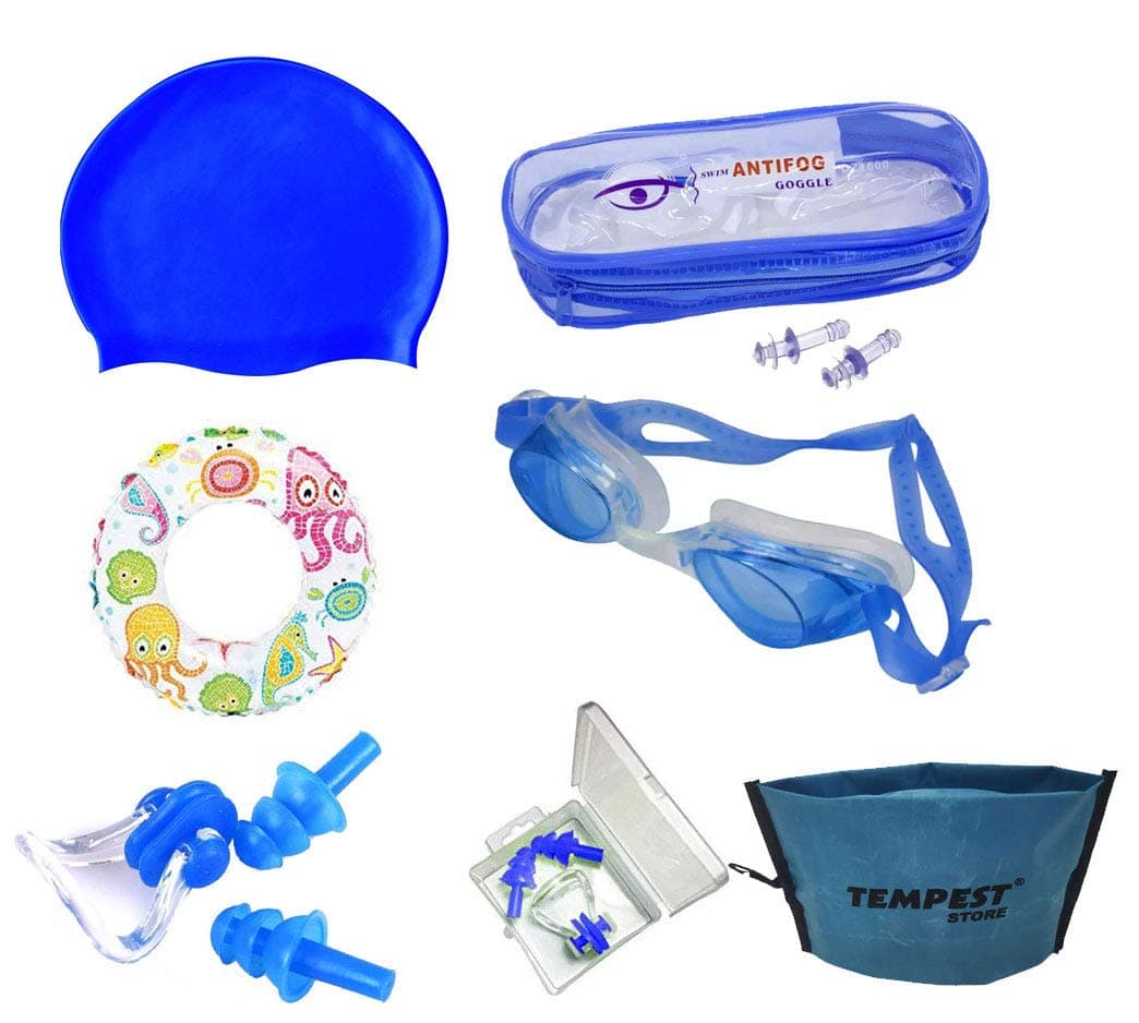 TEMPEST Swimming Kit with Swimming Goggles Silicone Swimming Cap + 1 Nose Clip + 2 Ear Plugs Swimming Tube and Free KIT Bag (Blue)