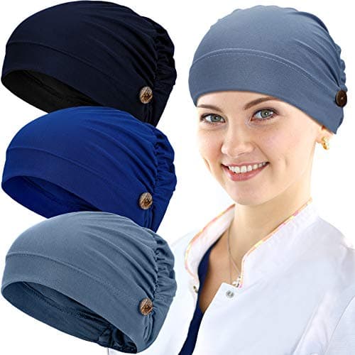 Geyoga 3 Pieces Bouffant Caps with Buttons Unisex Stretchy Headband Turban with Buttons for Women