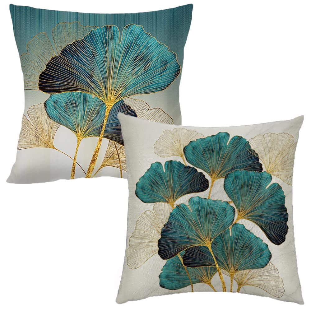 Throw Pillow Cover Green Plant Leaves 18 x 18 Inch Teal Pillow Cushion Cover Set of 2 Turquoise Ginkgo Leaf Cushion Case Great for Sofa Bedroom Yard Living Room Decor