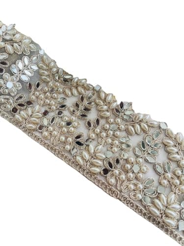 PIYUCRAFTS Pale Gold Zari Lace Trim with Pearl Mirror Embellishments 25 Inch Wide Decorative Border for Sarees Lehengas Dupattas Gowns Crafts Available in 1 3 6 Yard 1