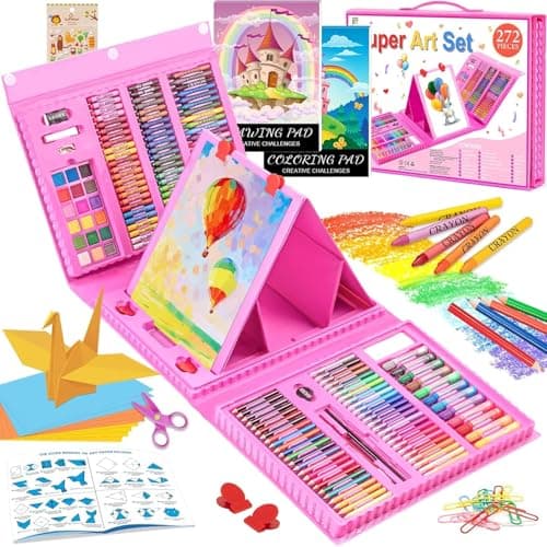 Art Supplies 272 Pack Art Set Drawing Kit for Girls Boys Teens Artist Deluxe Gift Art Box with Trifold Easel Origami Paper Coloring Book Drawing Pad Pastels Crayons Pencils WatercolorsPink