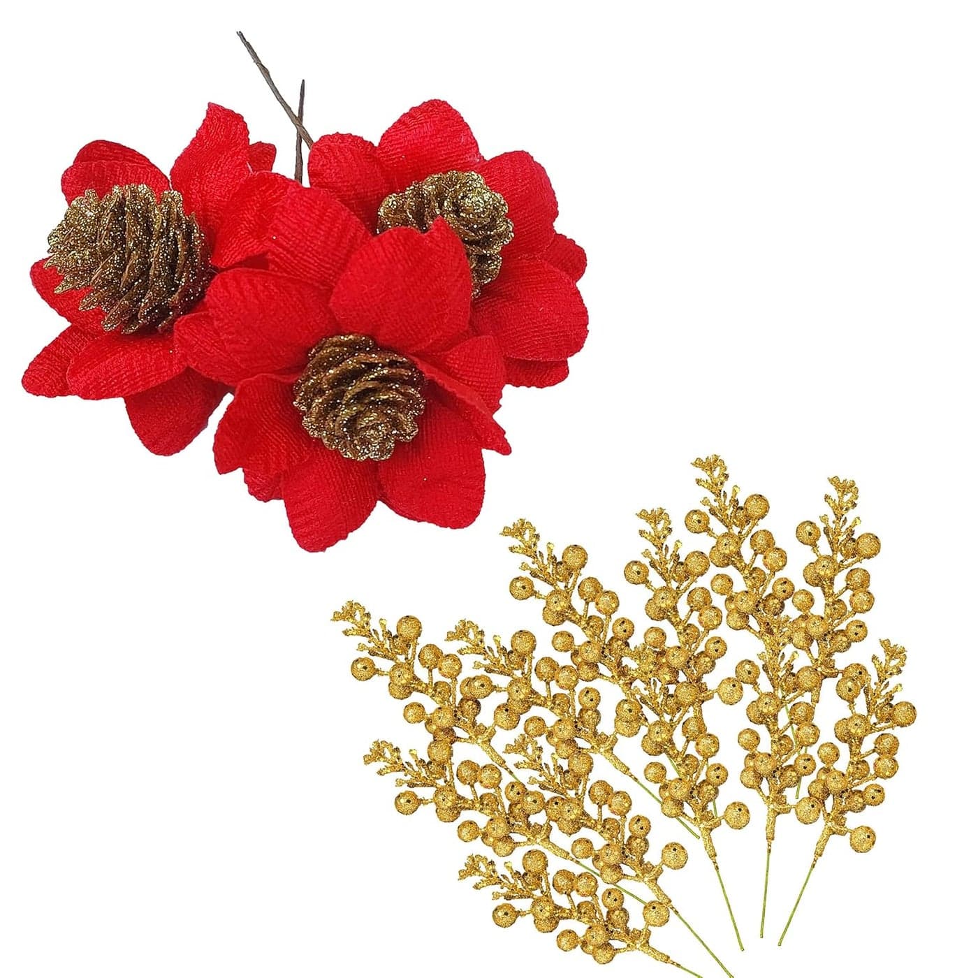Forty Wings Set of 5 Pcs Glitter Gold Berries Bunch with 6 Pcs Red Pinecone Poinsettia Flower for Christmas Ornaments Xmas Tree Hangings Ornaments for Christmas Decoration Items for Home Decoration